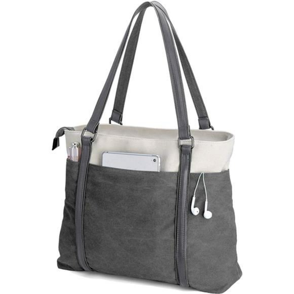Women Laptop Tote Bag for Work Lightweight Splice Canvas 15.6 Inch Handbag Purse - Picture 1 of 3